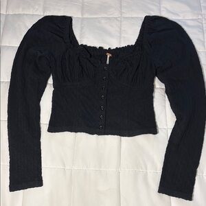 Free People Ladybug Long Sleeve Black Button Down Top